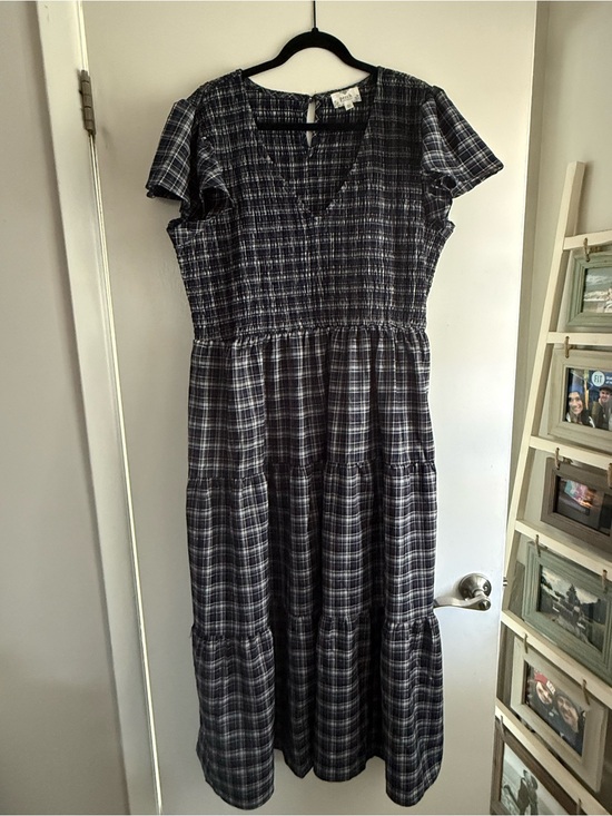 One Loved Babe Dresses & Skirts - Smocked Plaid Maxi Dress in Dark Blue